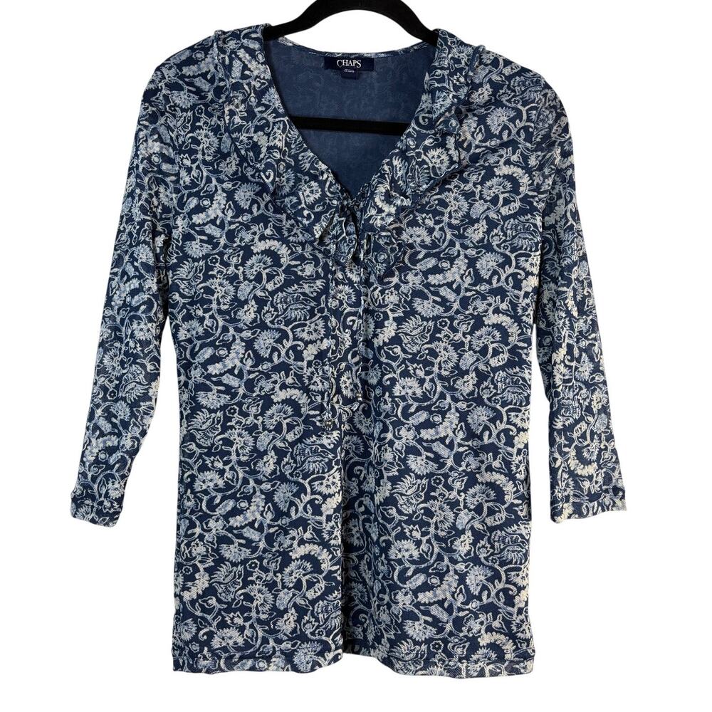 CHAPS Floral Blue Ruffle V Neck Blouse Boho Knit Top 3/4 Sleeve Mesh Large